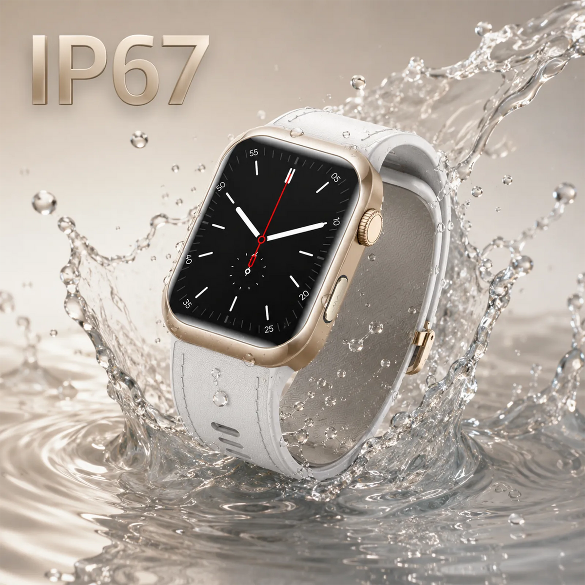A Zenvora Blood Pressure Smartwatch with a white leather strap and gold-tone case is shown partially submerged in splashing water, with large 'IP67' text in the upper left. The watch face is black with white markers and a red second hand.