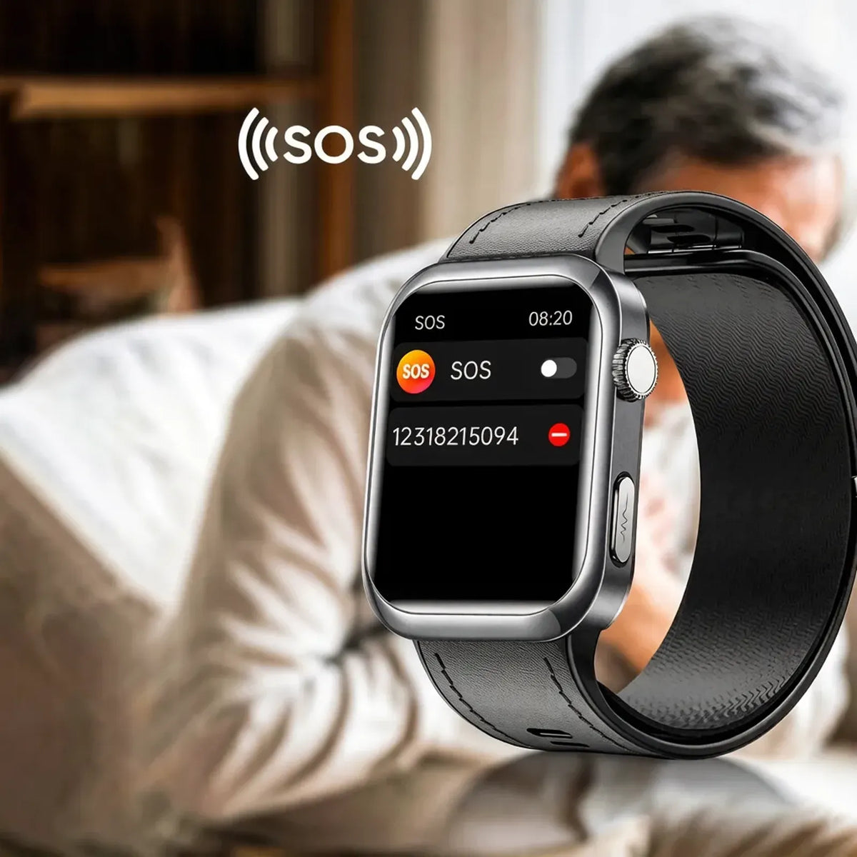 A Zenvora Blood Pressure Smartwatch with a black strap and silver case is shown in the foreground with an SOS interface on the screen, set against a blurred background of a person lying down. The word 'SOS' and a signal icon are overlaid at the top left.