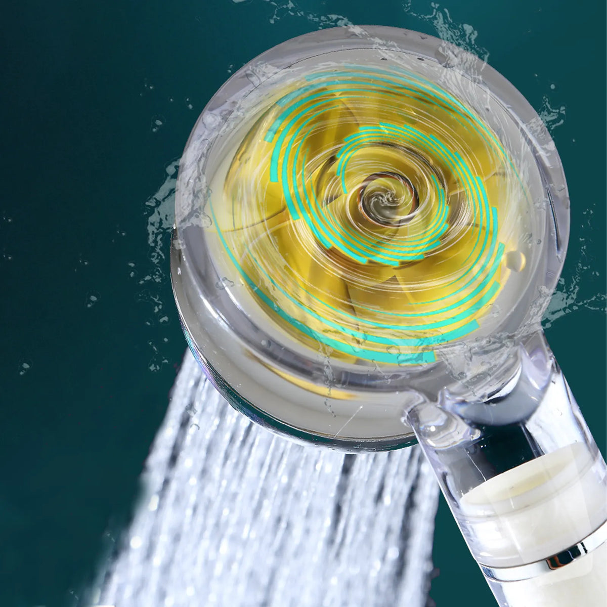 Close-up of a Zenvora LED Handheld Shower spraying water, with a glowing green and yellow spiral graphic overlaid on the spray head against a dark teal background.