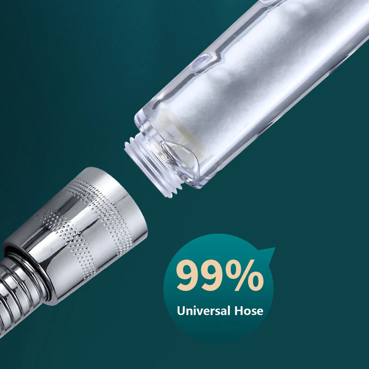 A close-up of a clear cylindrical bottle or tube with a silver threaded cap, shown against a dark teal background with a teal badge reading '99% Universal Hose'.