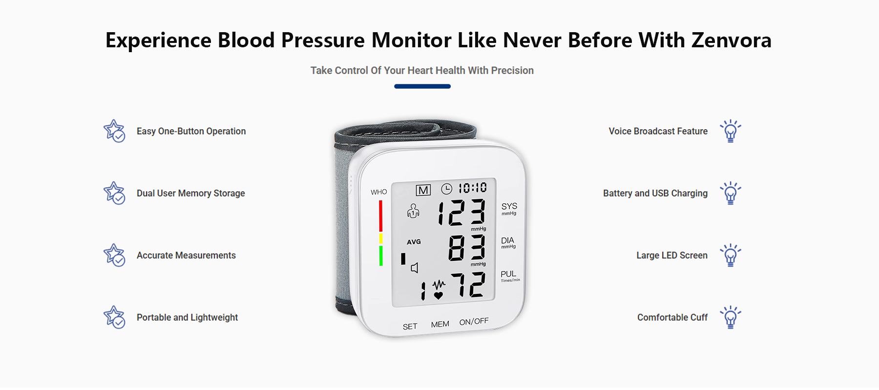Zenvora Blood Pressure Monitor clinical-grade accuracy banner - hospital-grade precision in your living room