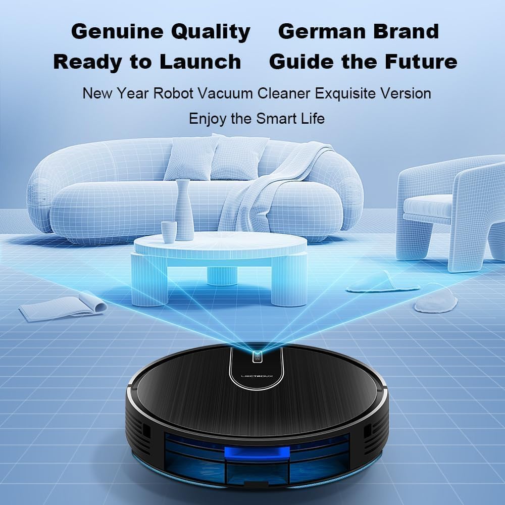 Zonelia Robot Vacuumin a modern living room with promotional text about quality, brand, and features.