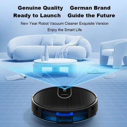 Zonelia Robot Vacuumin a modern living room with promotional text about quality, brand, and features.