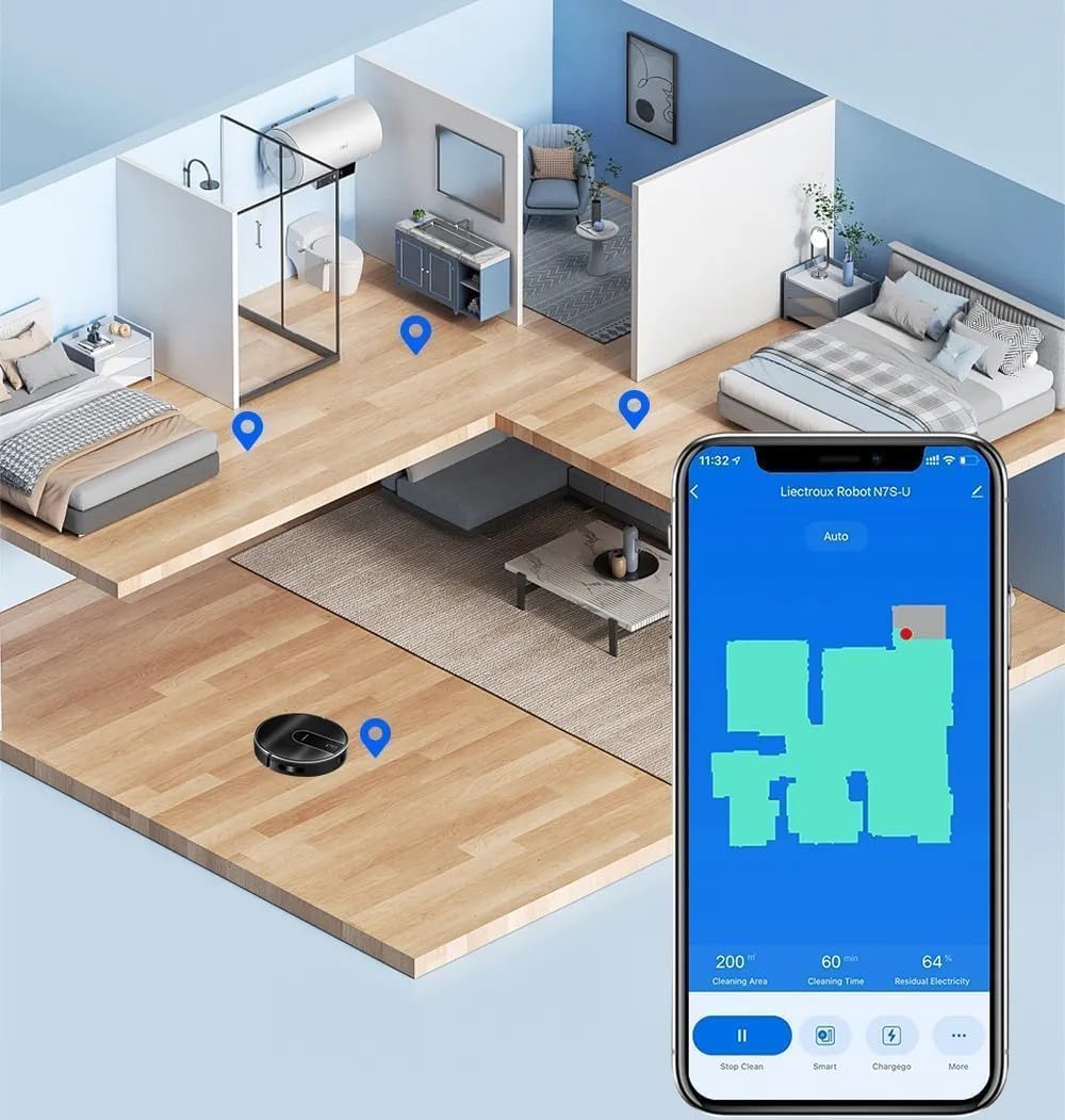 Smart home device with app on smartphone showing room layout