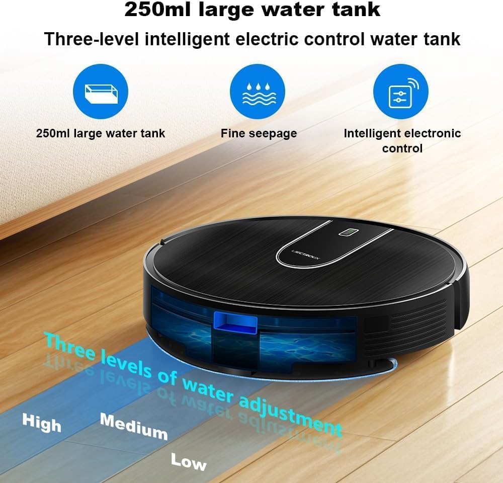 Zonelia Robot Vacuum on a wooden floor with water tank features highlighted.
