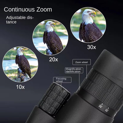 SoceScope Monocular with zoom functionality shown on a dark background, featuring an eagle at different magnifications.