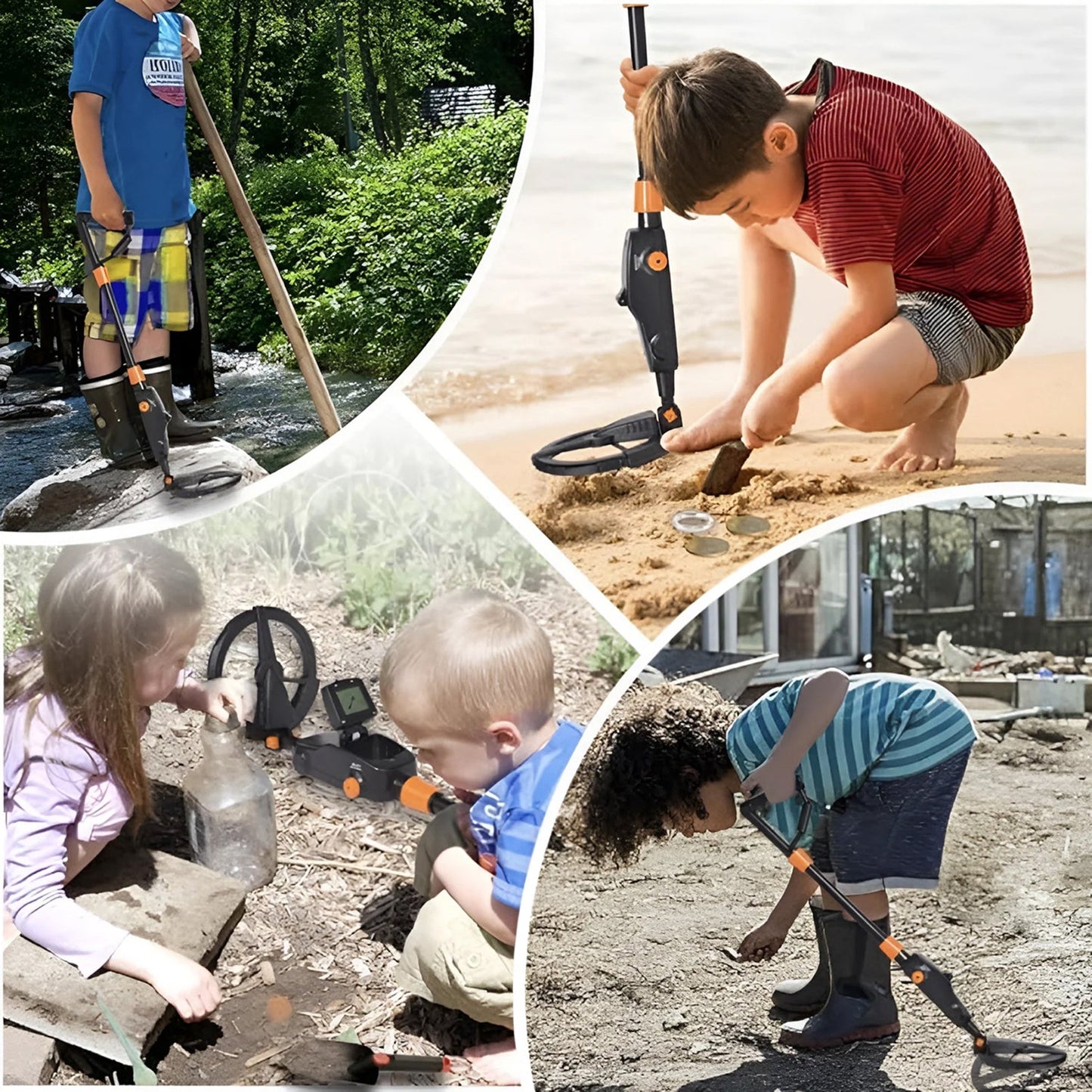 Collage of children using Zorby Kid Metal Detector in various outdoor settings.