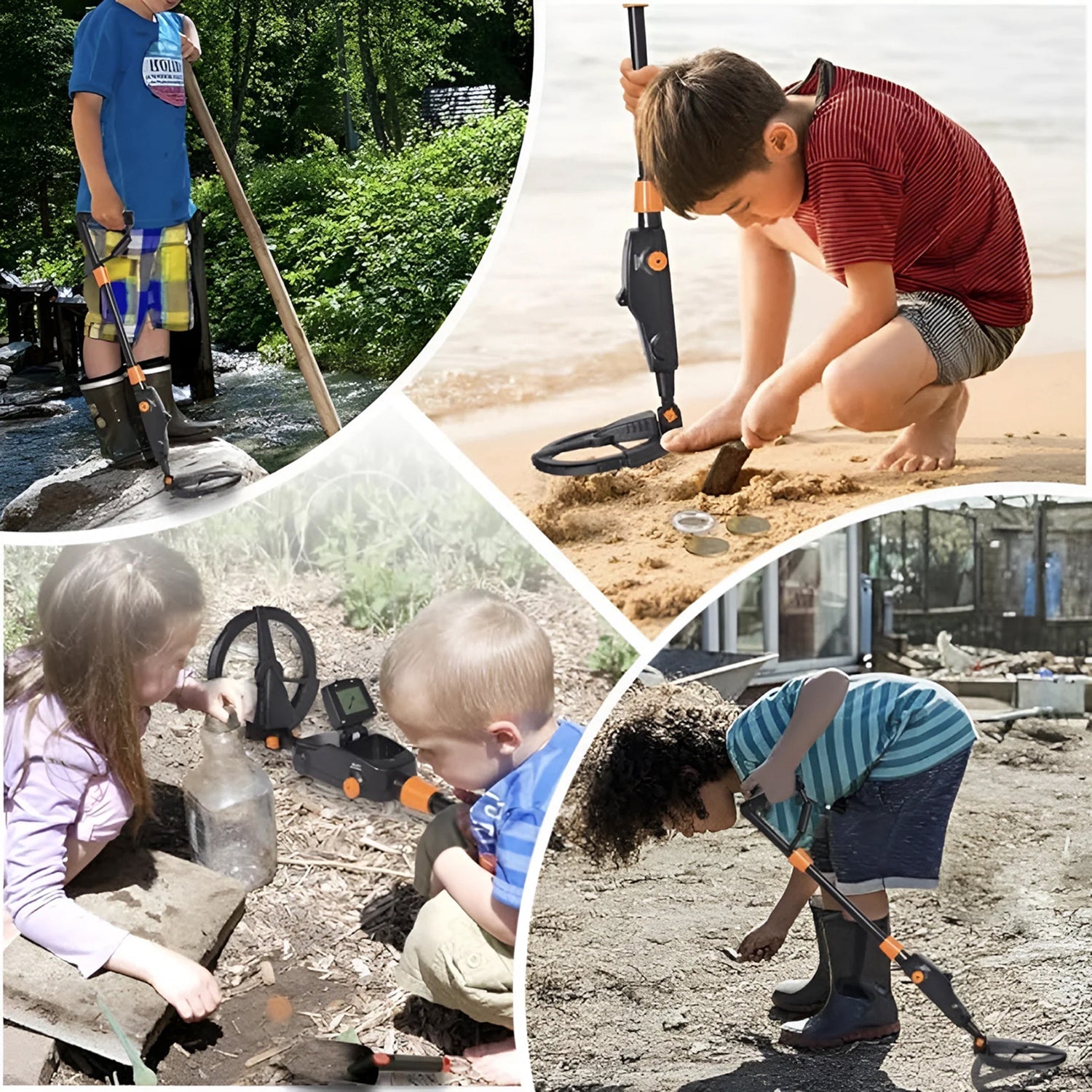 Collage of children using Zorby Kid Metal Detector in various outdoor settings.
