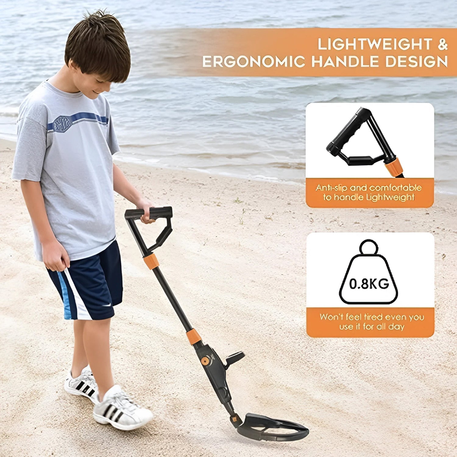 Child using a Zorby Kid Metal Detector on a beach with product features highlighted
