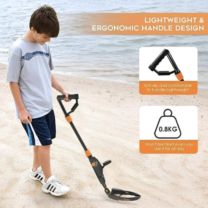 Child using a Zorby Kid Metal Detector on a beach with product features highlighted