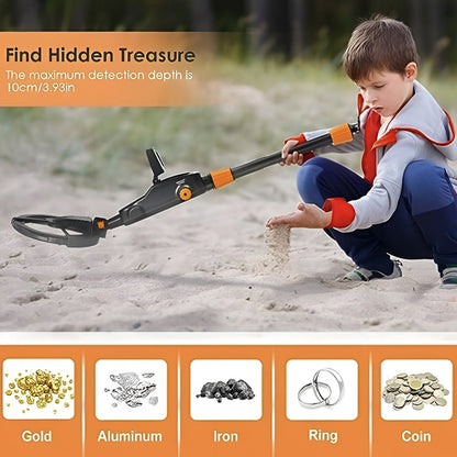 Child playing with a Zorby Kid Metal Detector in sand, with product details and feature icons displayed.