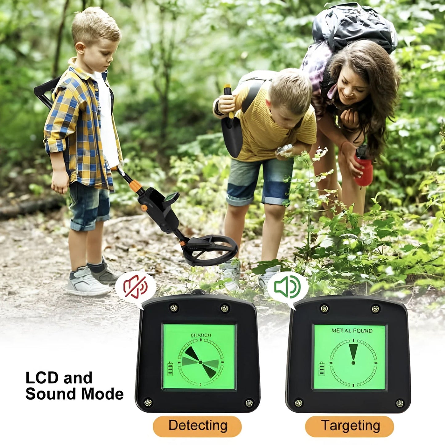 Children and a woman using a Zorby Kid Metal Detector in a forest with close-ups of the device's LCD screen.