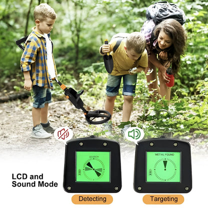 Children and a woman using a Zorby Kid Metal Detector in a forest with close-ups of the device's LCD screen.