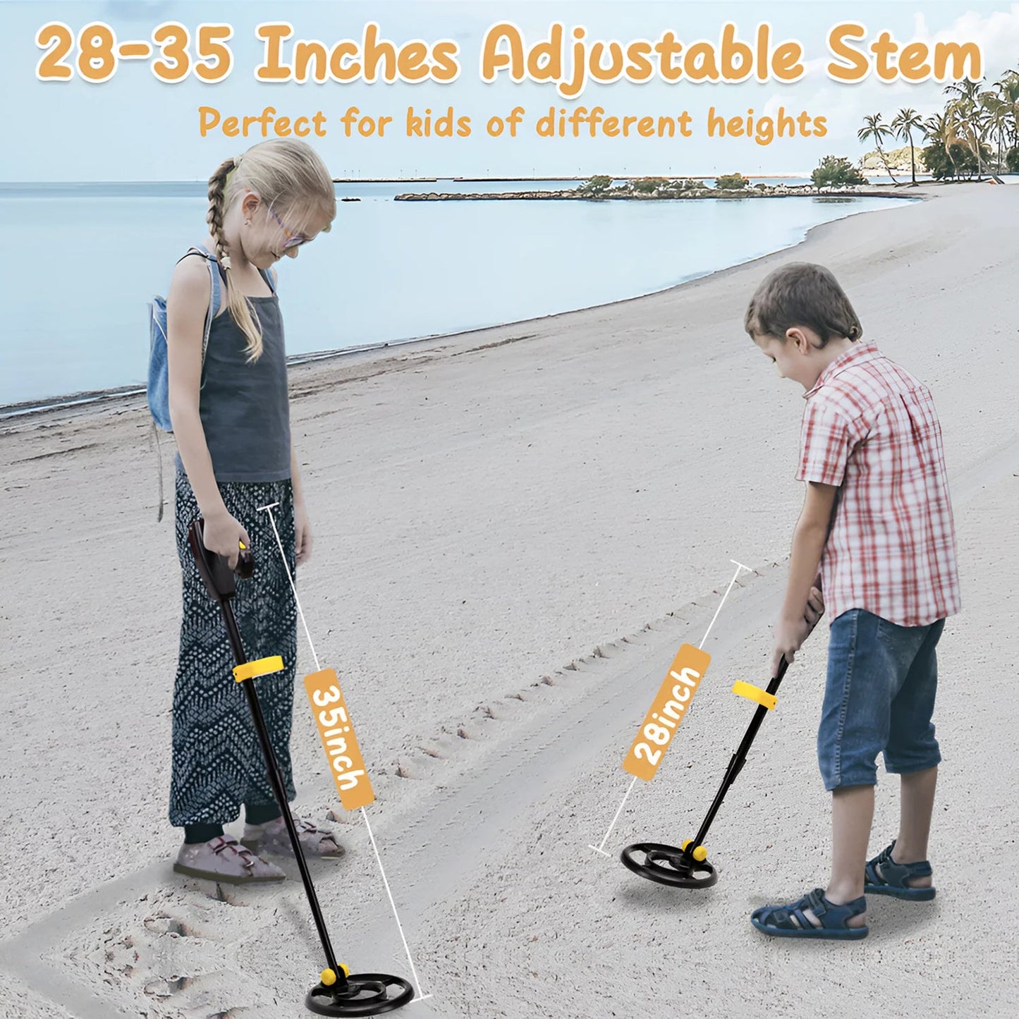 Two children using Zorby Kid Metal Detector on a beach with text about adjustable stem length.