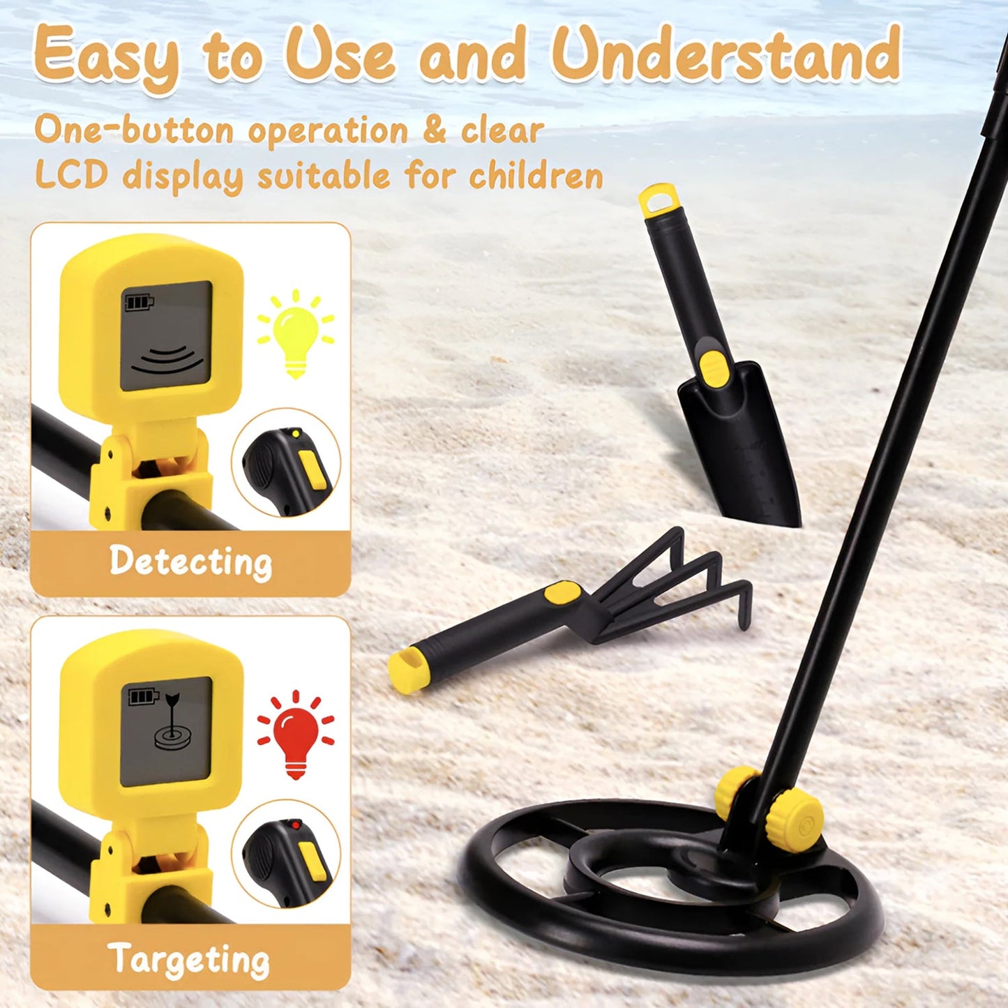 Zorby Kid Metal Detector with yellow and black components on a wooden surface, featuring text about its ease of use and features.