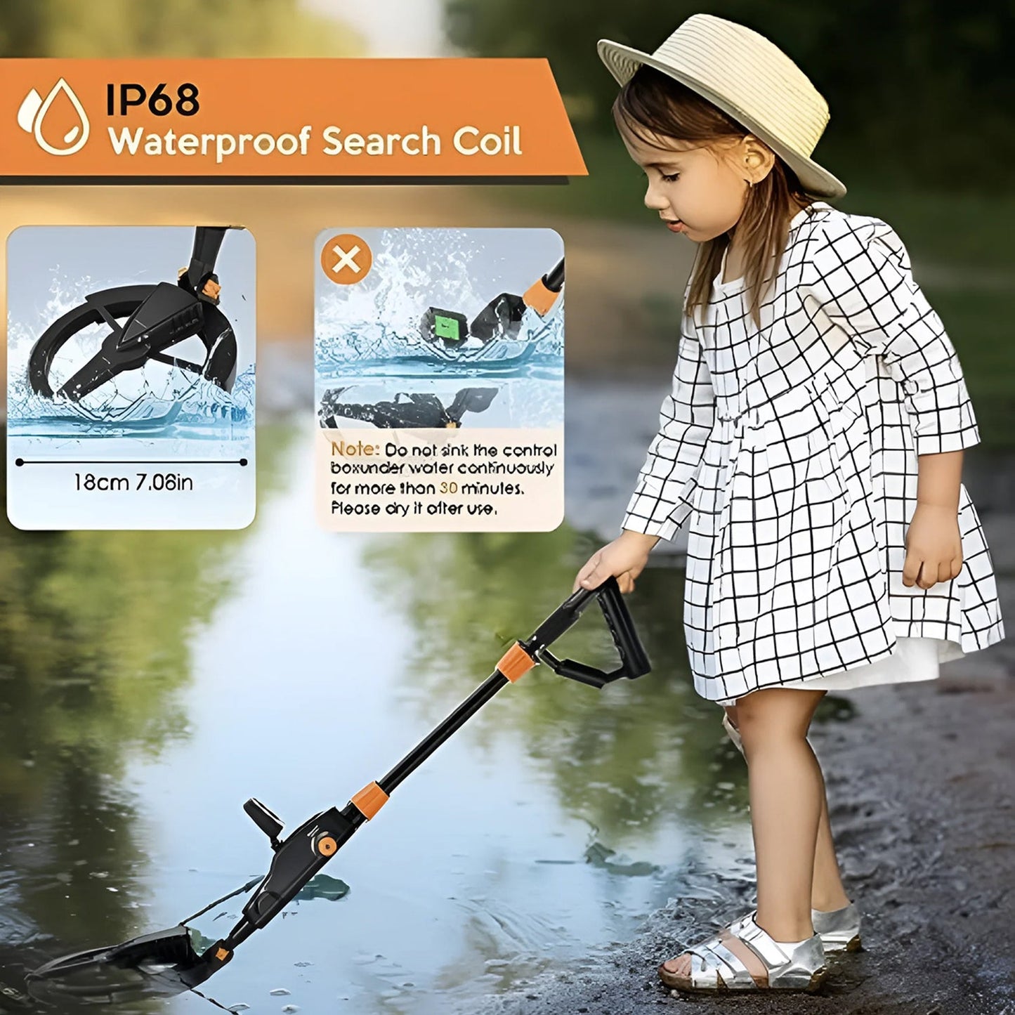 Child using a Zorby Kid Metal Detector with waterproof search coil feature, standing in water.