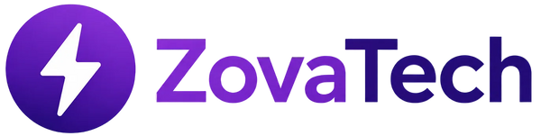 ZovaTech logo with a purple circle and lightning bolt on a white background