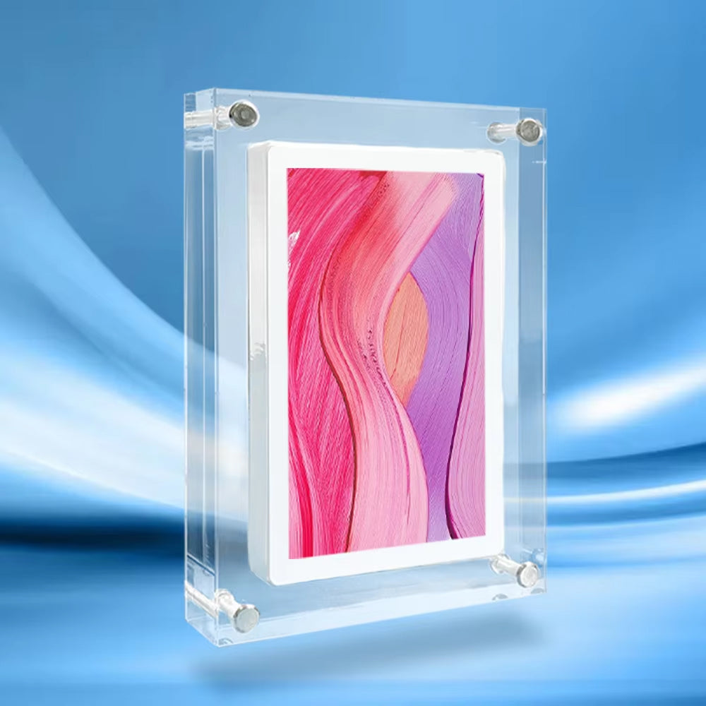 Clear acrylic CaptiPix Digital Photo Frame with a colorful abstract design on a blue background