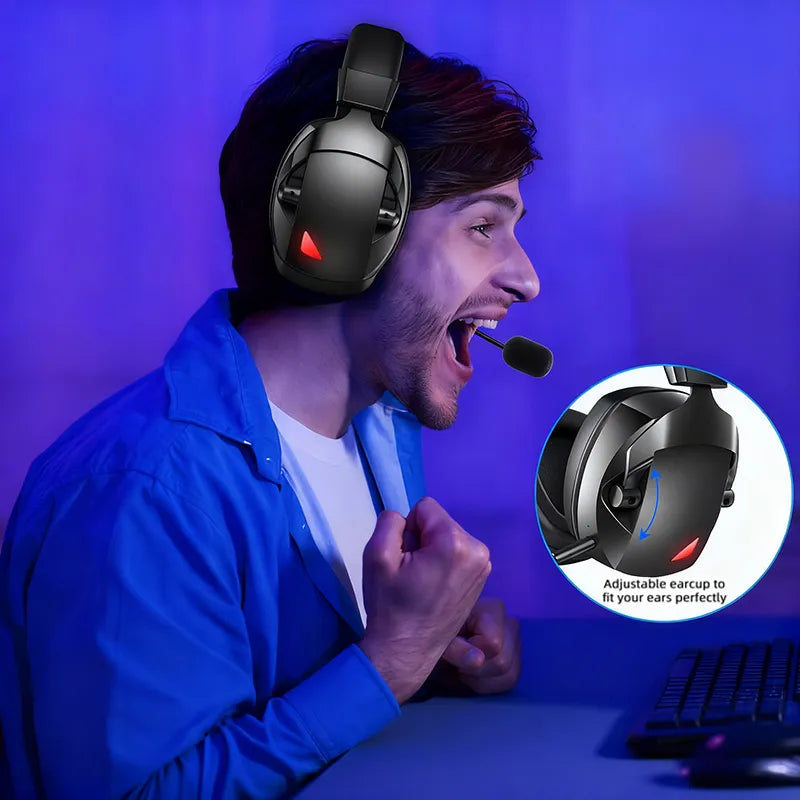 Man wearing a Ironis Wireless Gaming Headset with a close-up inset showing adjustable earcup design.
