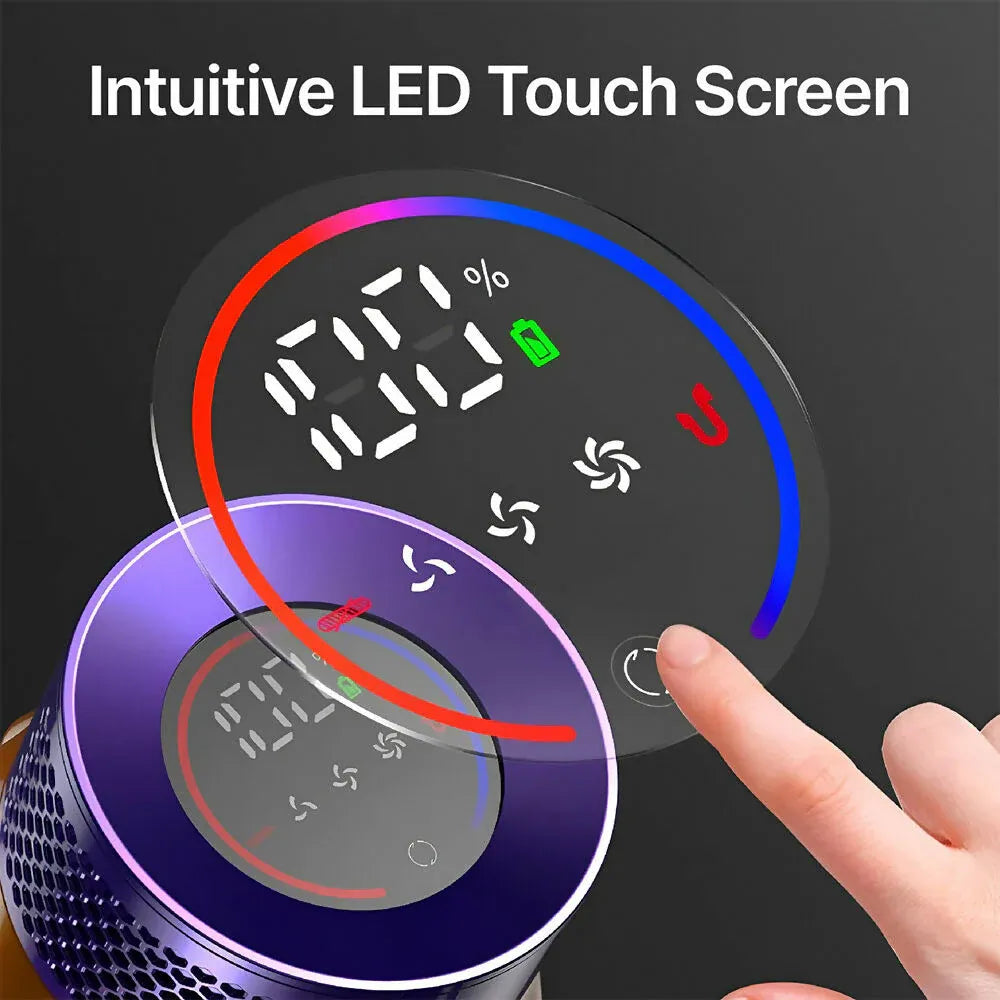 Airvax Cordless Vacuum Intuitive LED touch screen with digital display and hand interacting with it on a dark background
