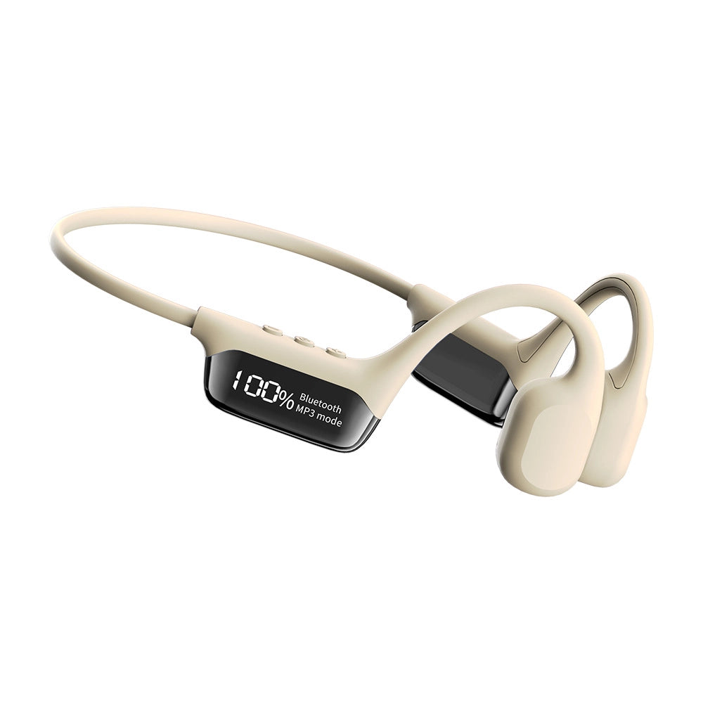 Beige Sintra Bone Conduction Headphones with a digital display on a white background