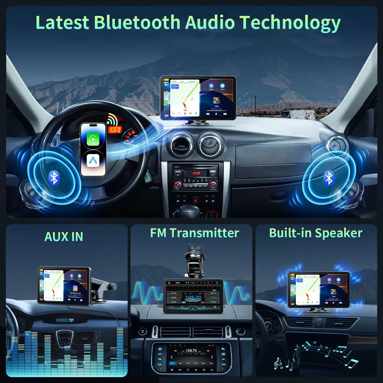 Car dashboard with Bluetooth audio technology features including AUX IN, FM transmitter, and built-in speaker.
