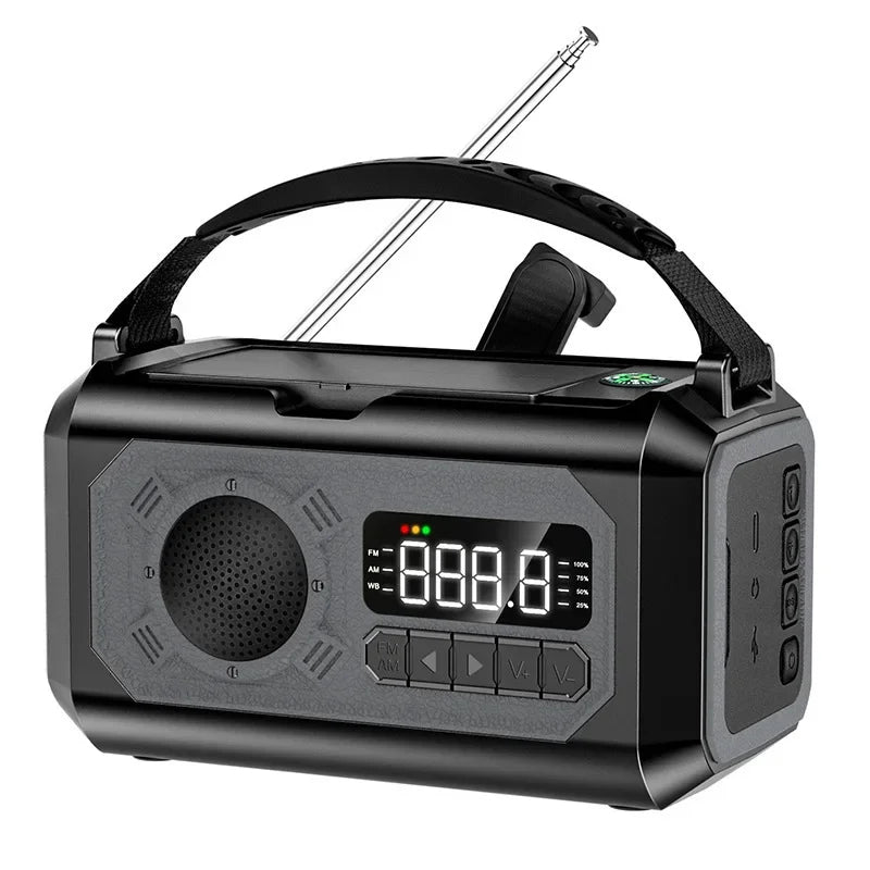 Black EmexRadi Emergency Radio radio with digital display on a white background
