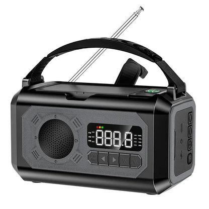 Black EmexRadi Emergency Radio radio with digital display on a white background