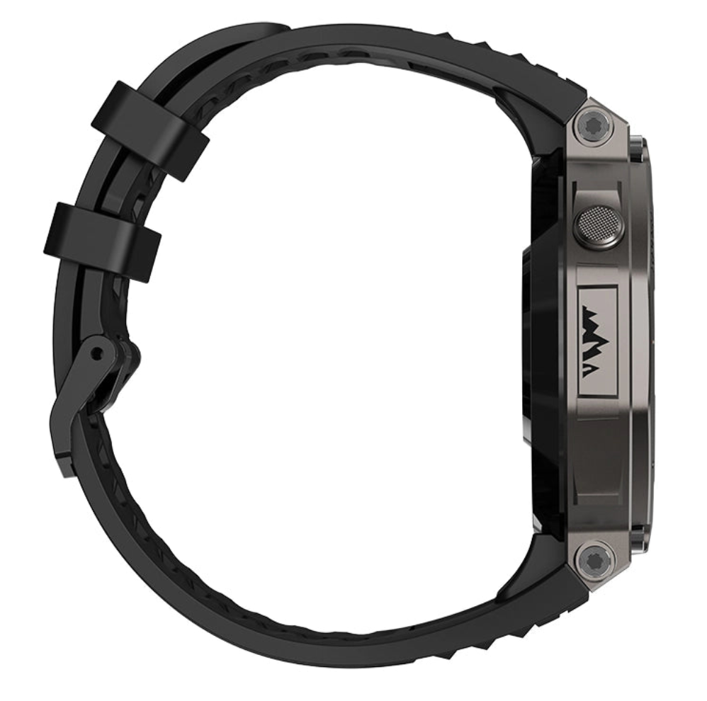 Black Praxia GPS Smartwatch with a detailed case on a white background