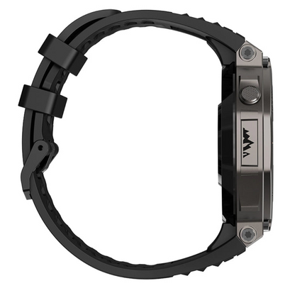 Black Praxia GPS Smartwatch with a detailed case on a white background