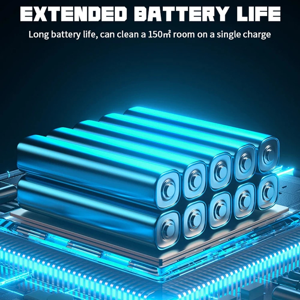 Stack of batteries with glowing blue lights on a dark background, emphasizing extended battery life.