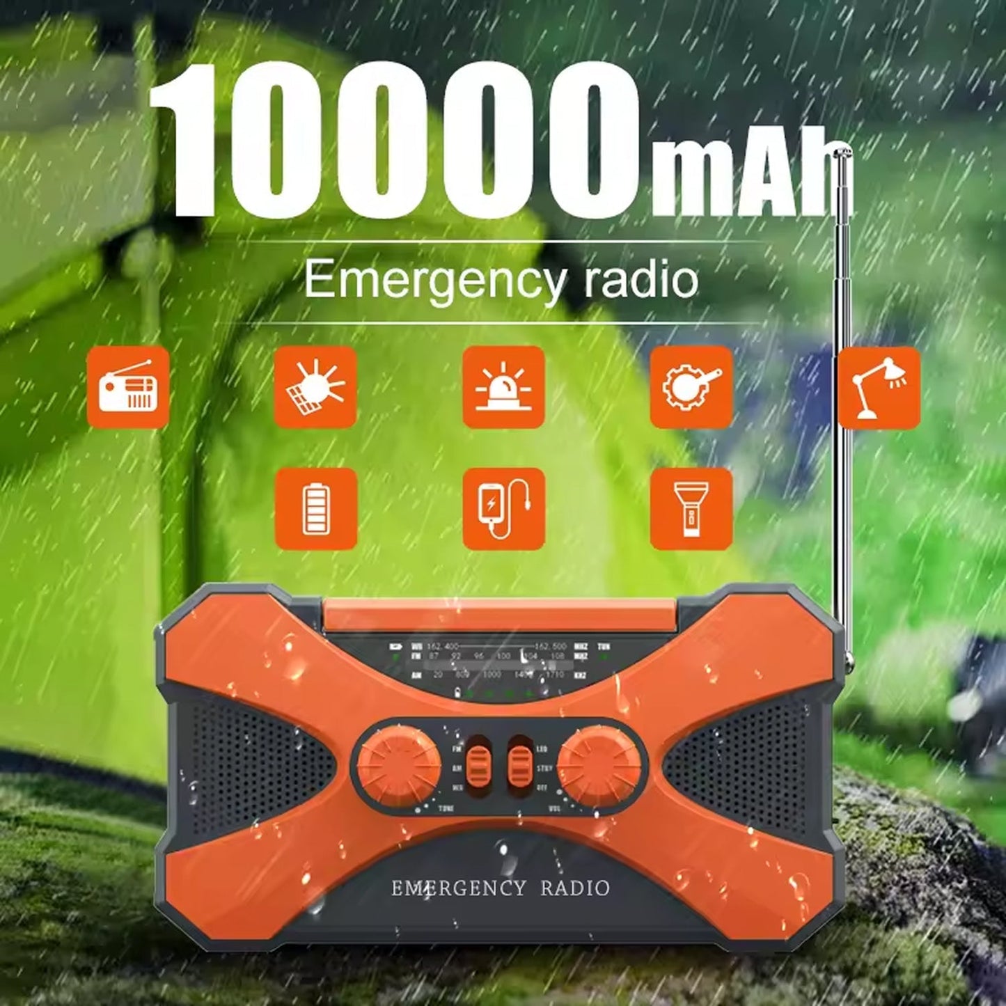 Orange CrisyCom Wind Up Radio with 10000mAh capacity in a rain scene