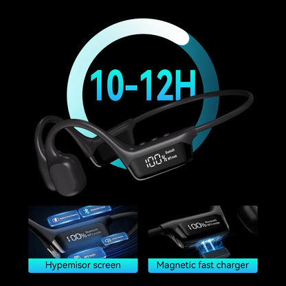 Black Sintra Bone Conduction Headphones with digital display on a black background, featuring text '10-12H' and product features.