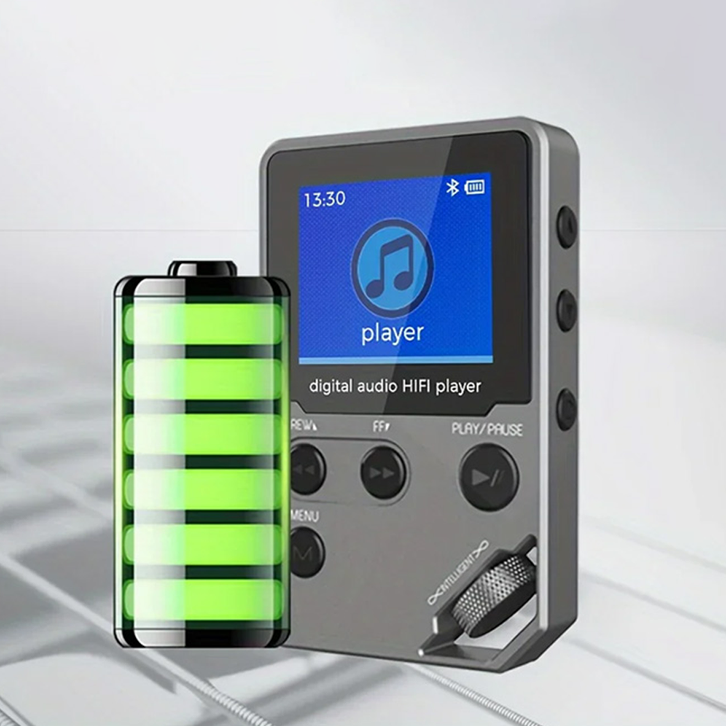 Digital Swiftgrid MP3 Player with a screen displaying 'player' and battery icon on a white background