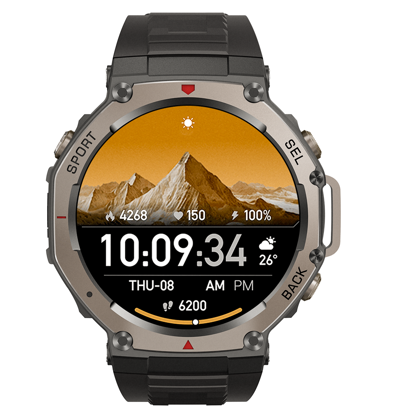 Cavinoo GPS Smartwatch with mountain display on a white background