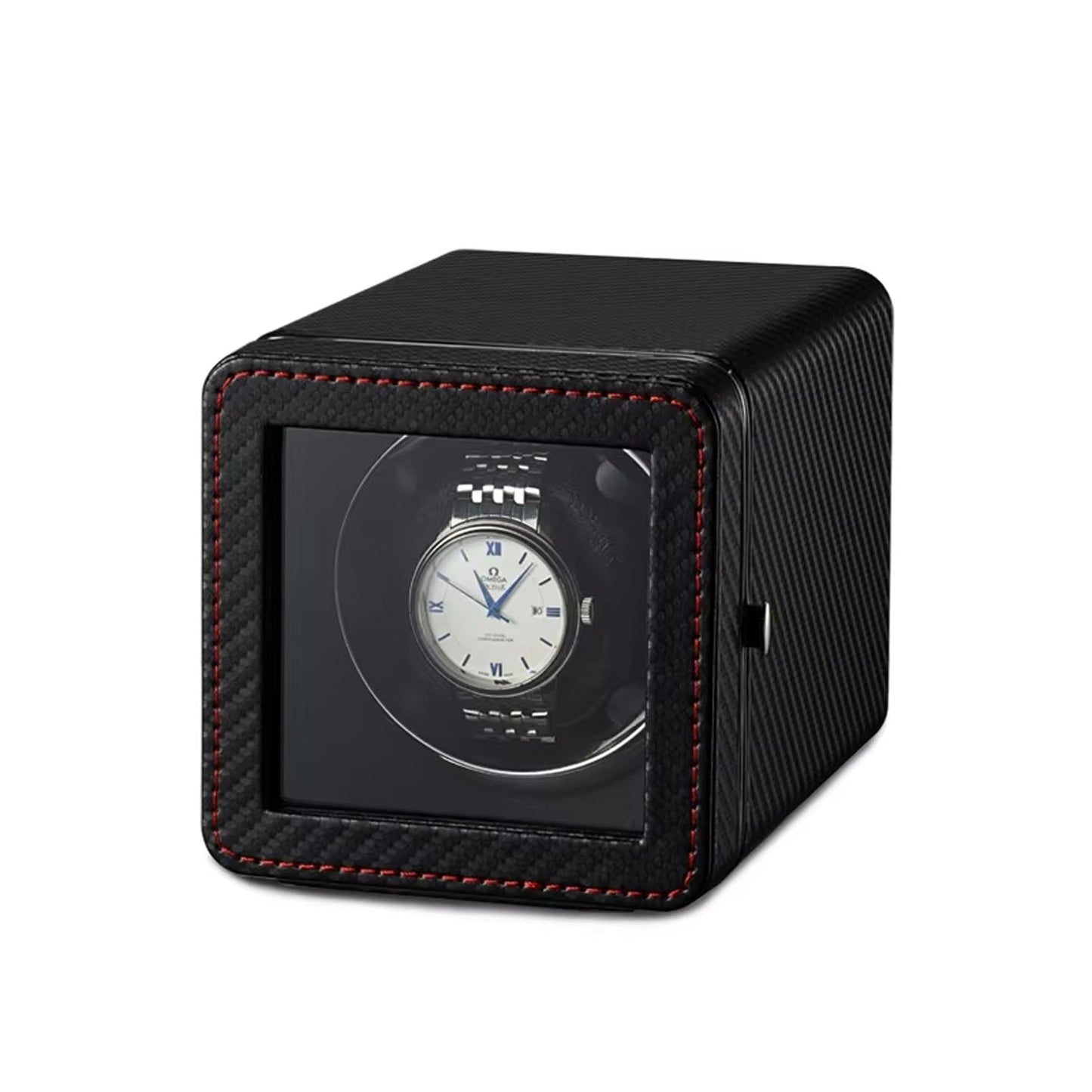 Black ChroniNova Watch Winder with a watch inside on a white background