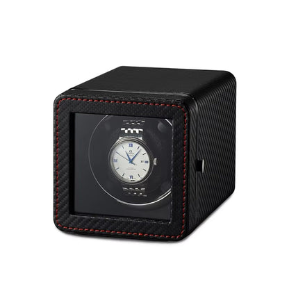 Black ChroniNova Watch Winder with a watch inside on a white background