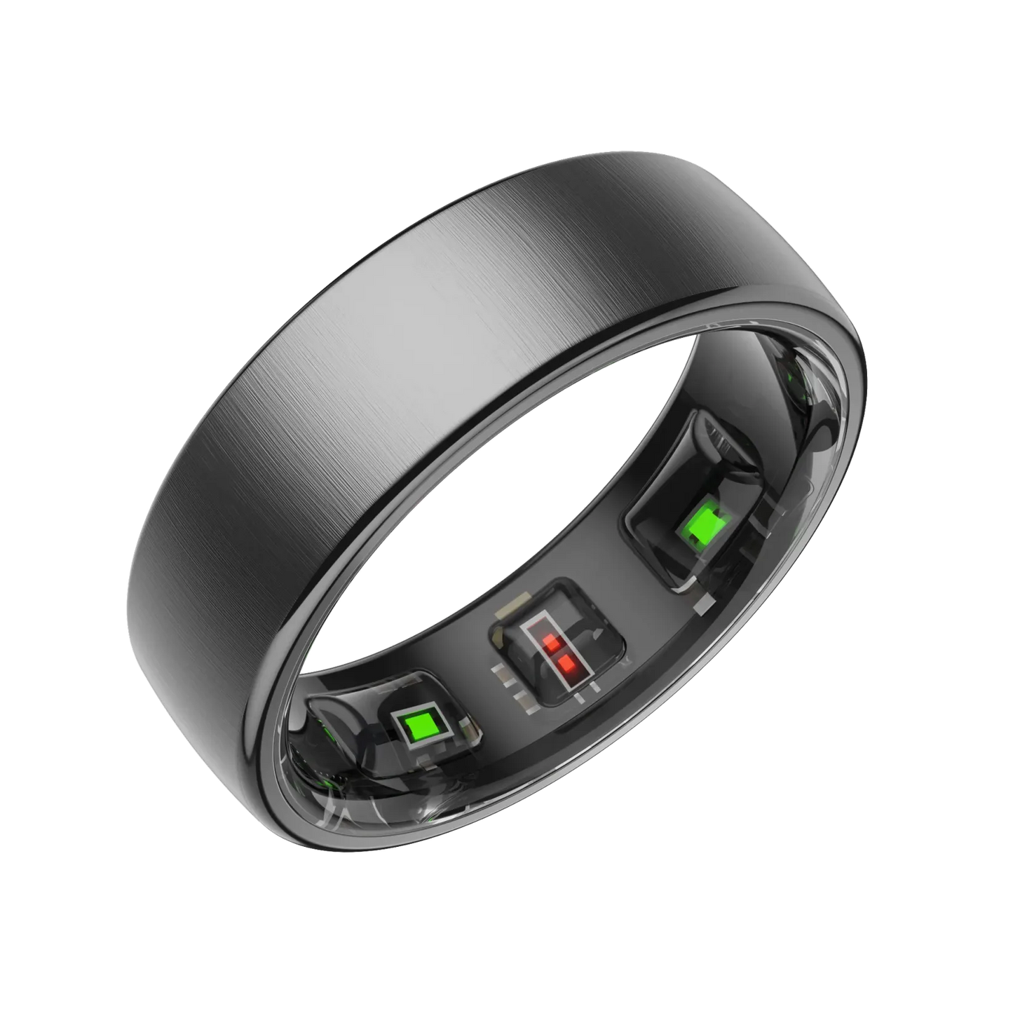 Black Enviox Smart Ring with electronic components on a white background