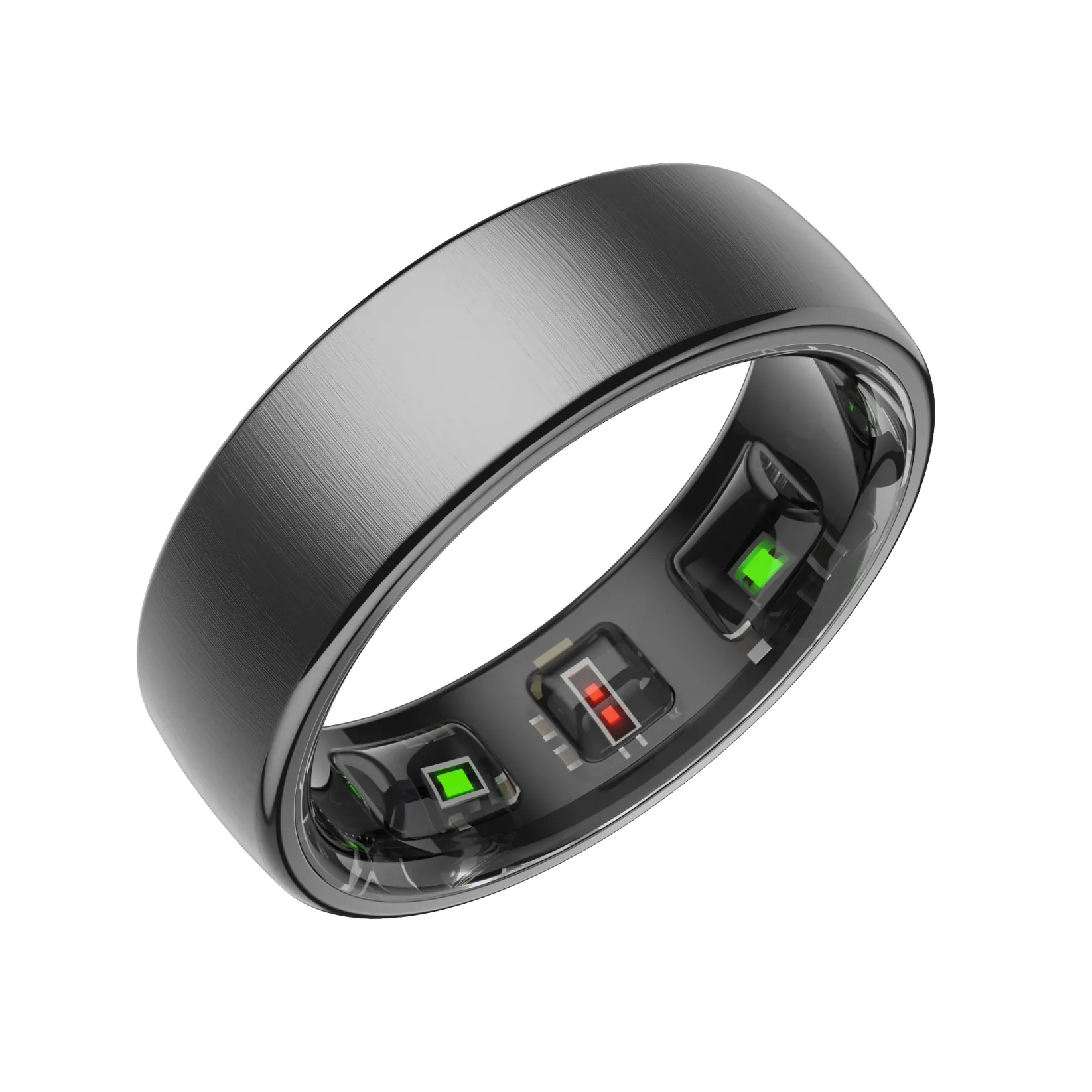 Black Enviox Smart Ring with electronic components on a white background