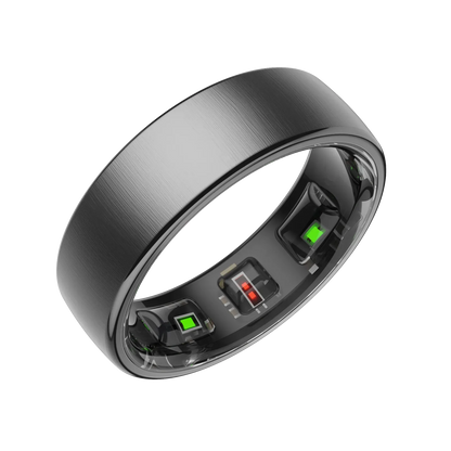 Black Enviox Smart Ring with electronic components on a white background