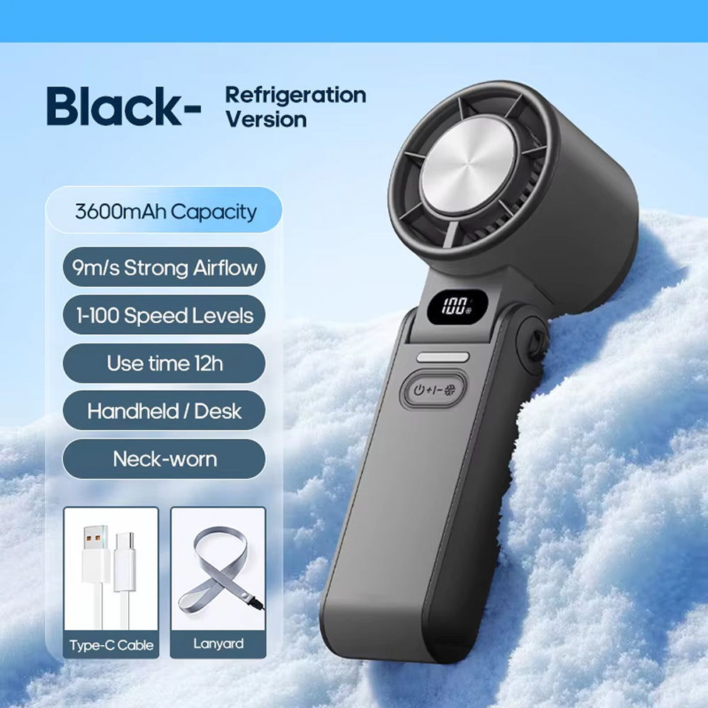 FrostoeByte Handheld Turbo Fan with features listed on a snowy background, branded 'Kinscoter'.