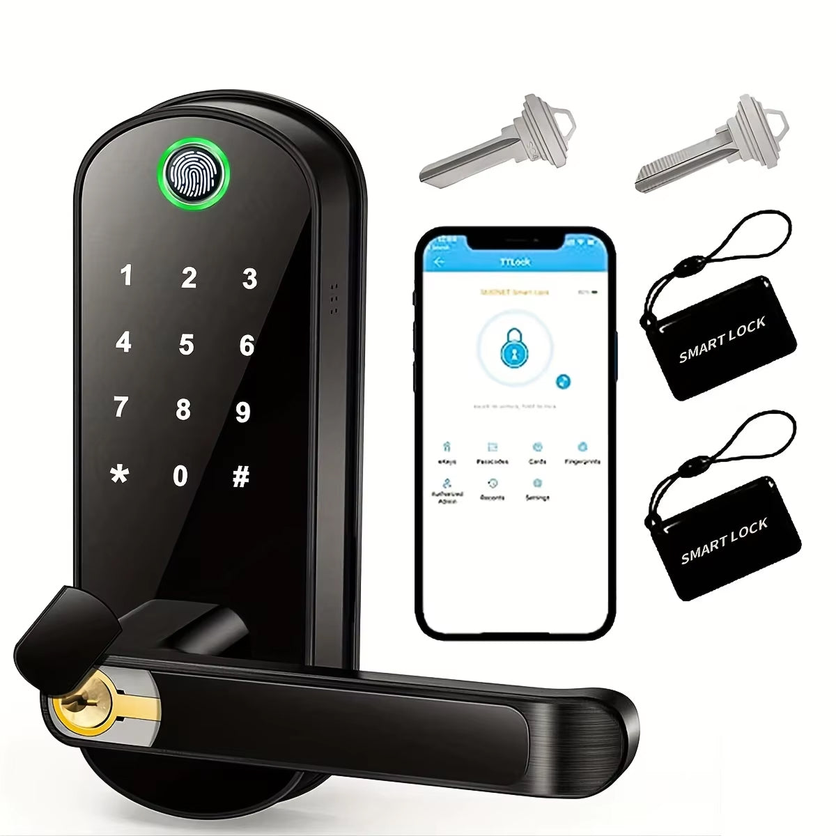 Smart door lock with digital keypad, smartphone app, keys, and keychains on a white background
