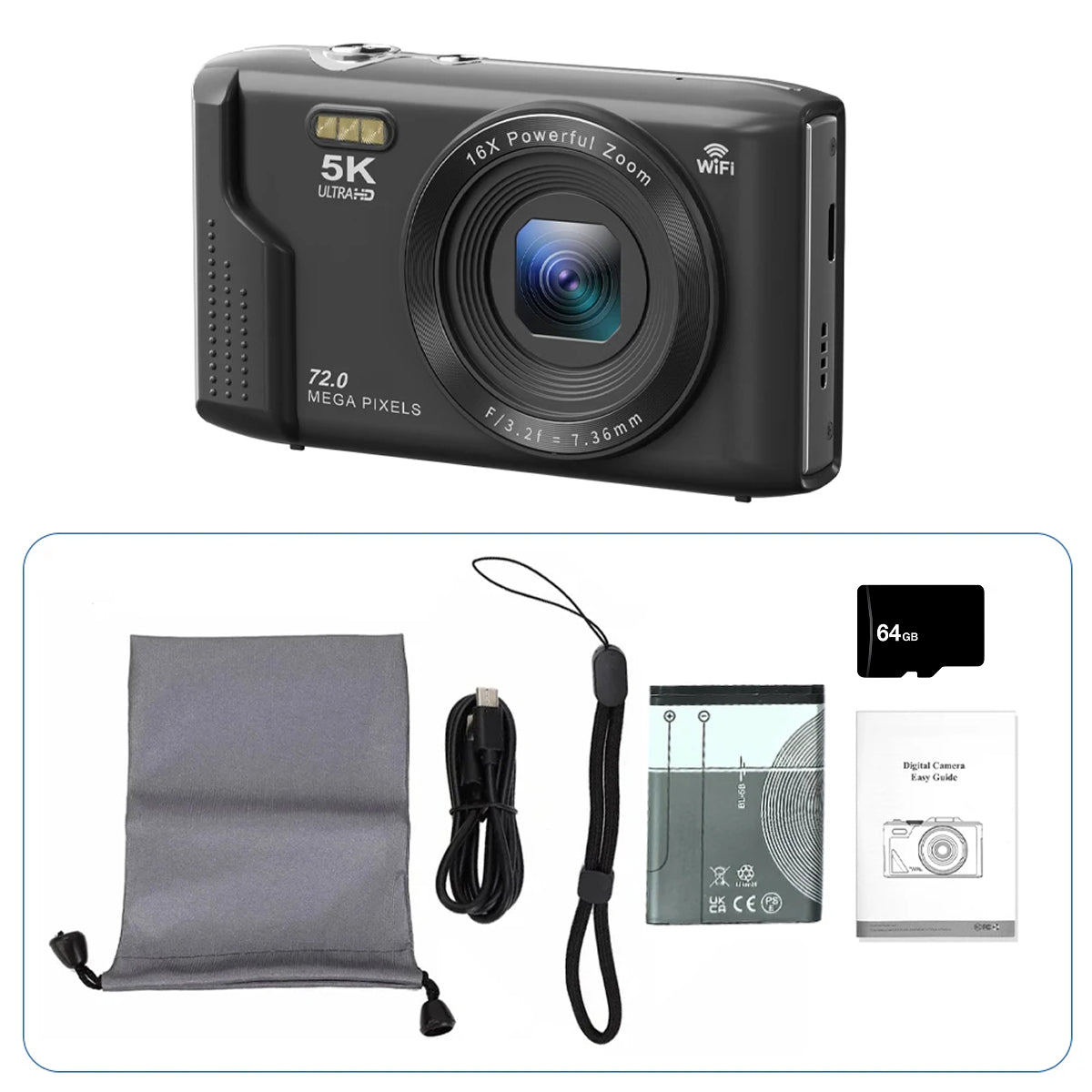 Black SnapWynie Digital Camera shown with included accessories on a white background: a gray drawstring pouch, black USB cable, wrist strap, battery, a small black memory card, and a small instruction booklet.