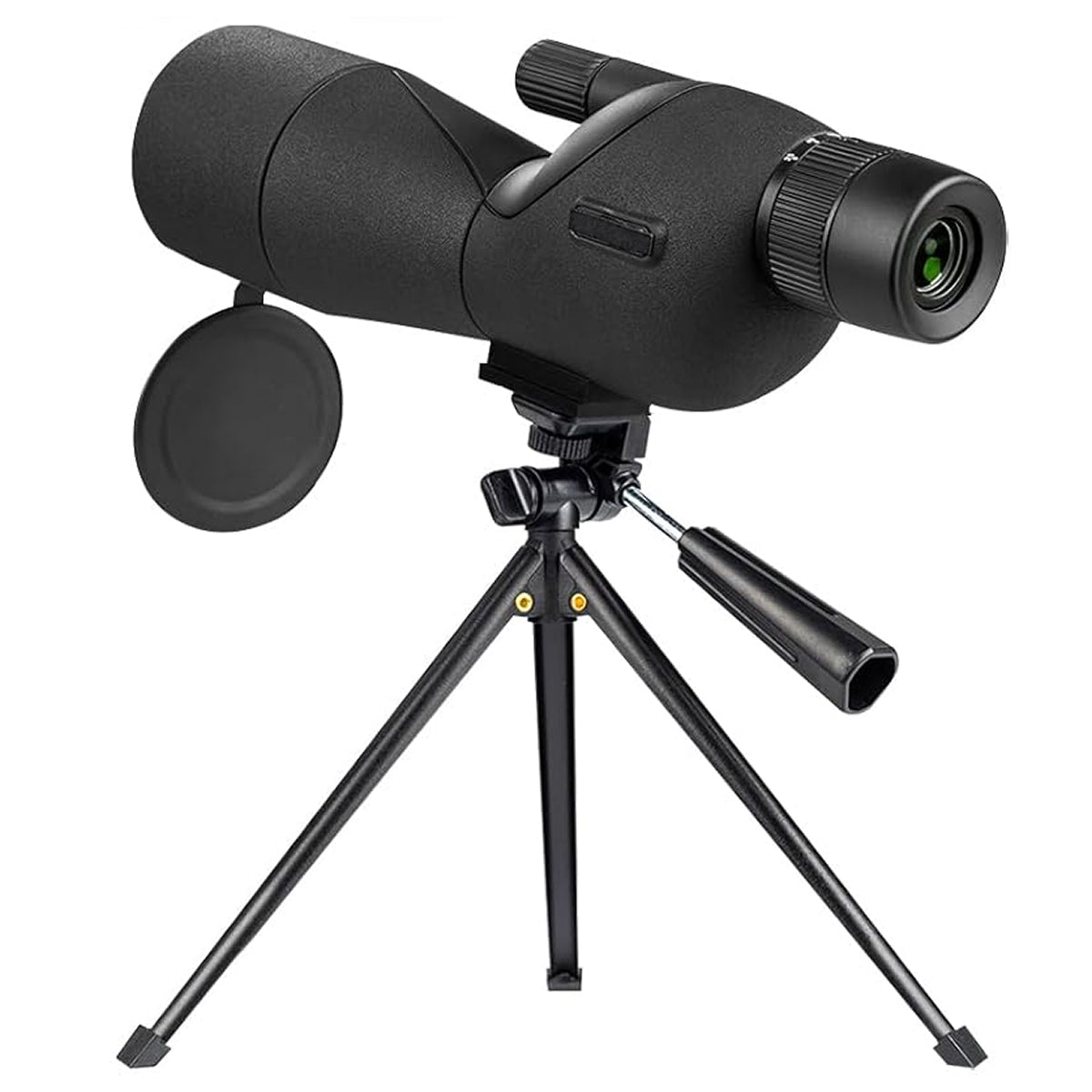 Black WildXplo Spotting Scope with tripod on a white background