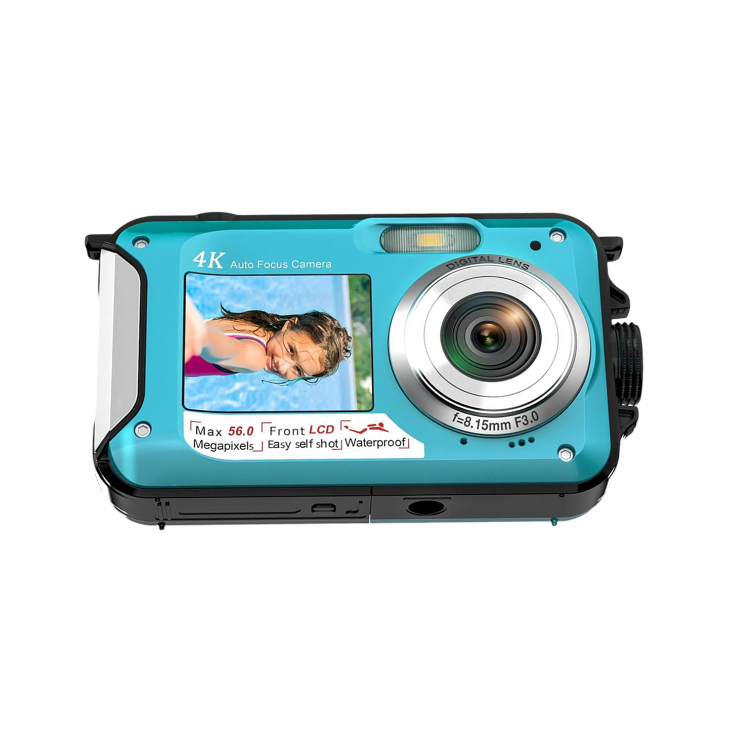 Blue digital AquanPixel Camera with screen displaying a photo on a white background