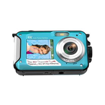 Blue digital AquanPixel Camera with screen displaying a photo on a white background