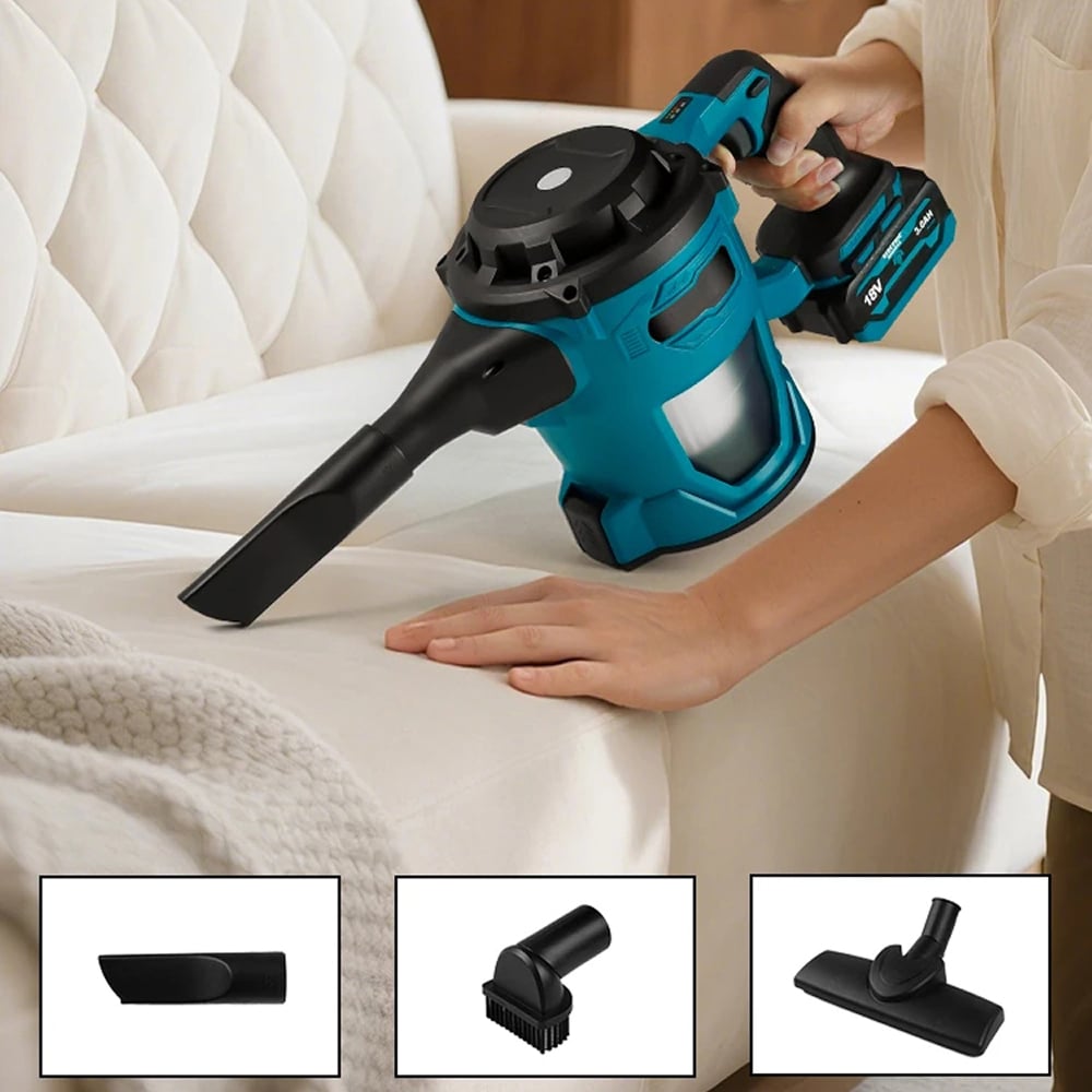 Person using a blue BloTixo Wet & Dry Vacuum cleaner on a white couch with attachments displayed below.