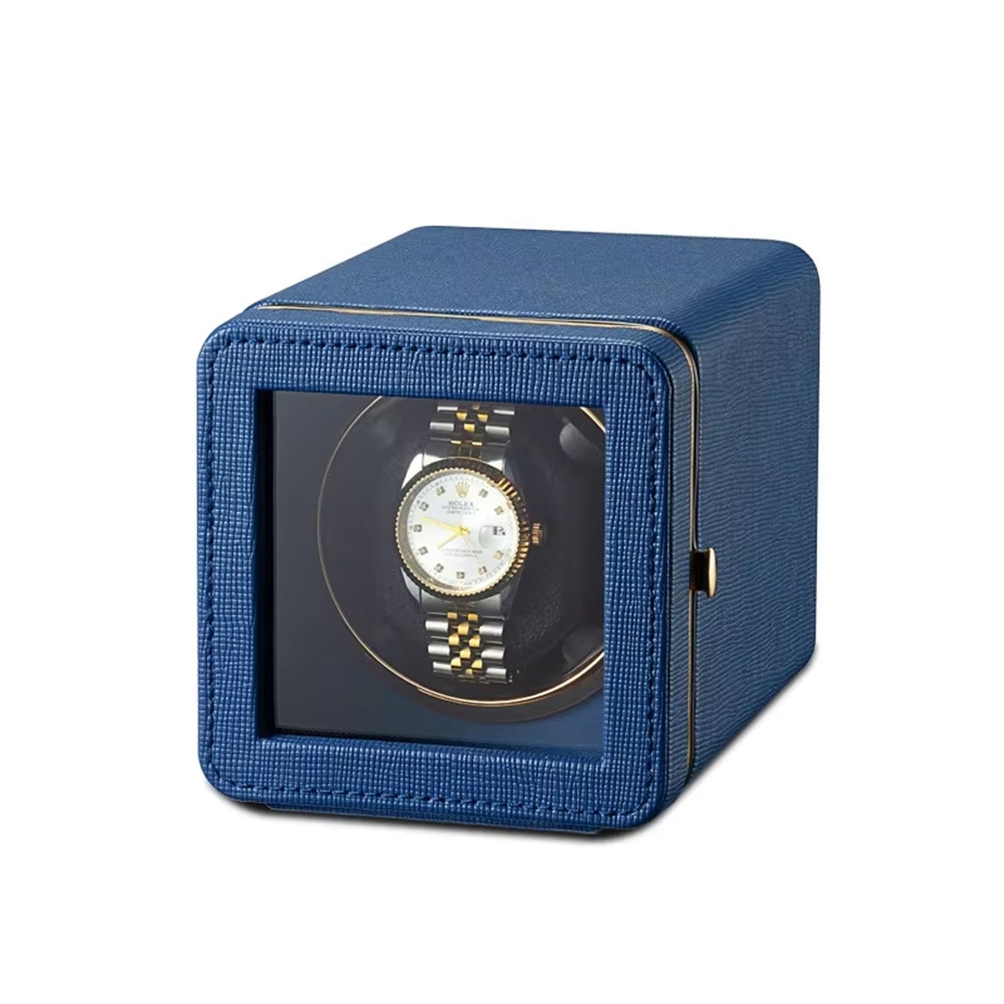 Blue ChroniNova Watch Winder with a watch inside on a white background
