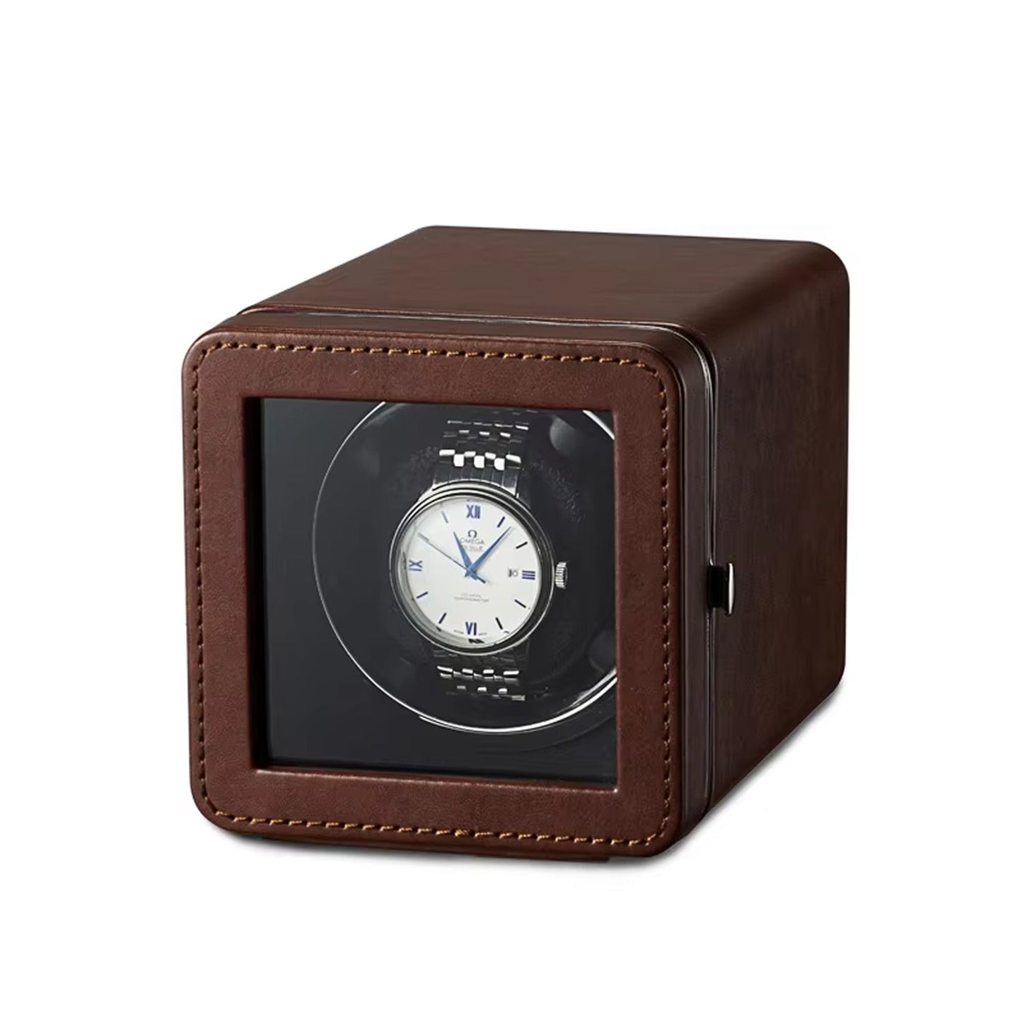 Brown leather ChroniNova Watch Winder with a watch inside on a white background