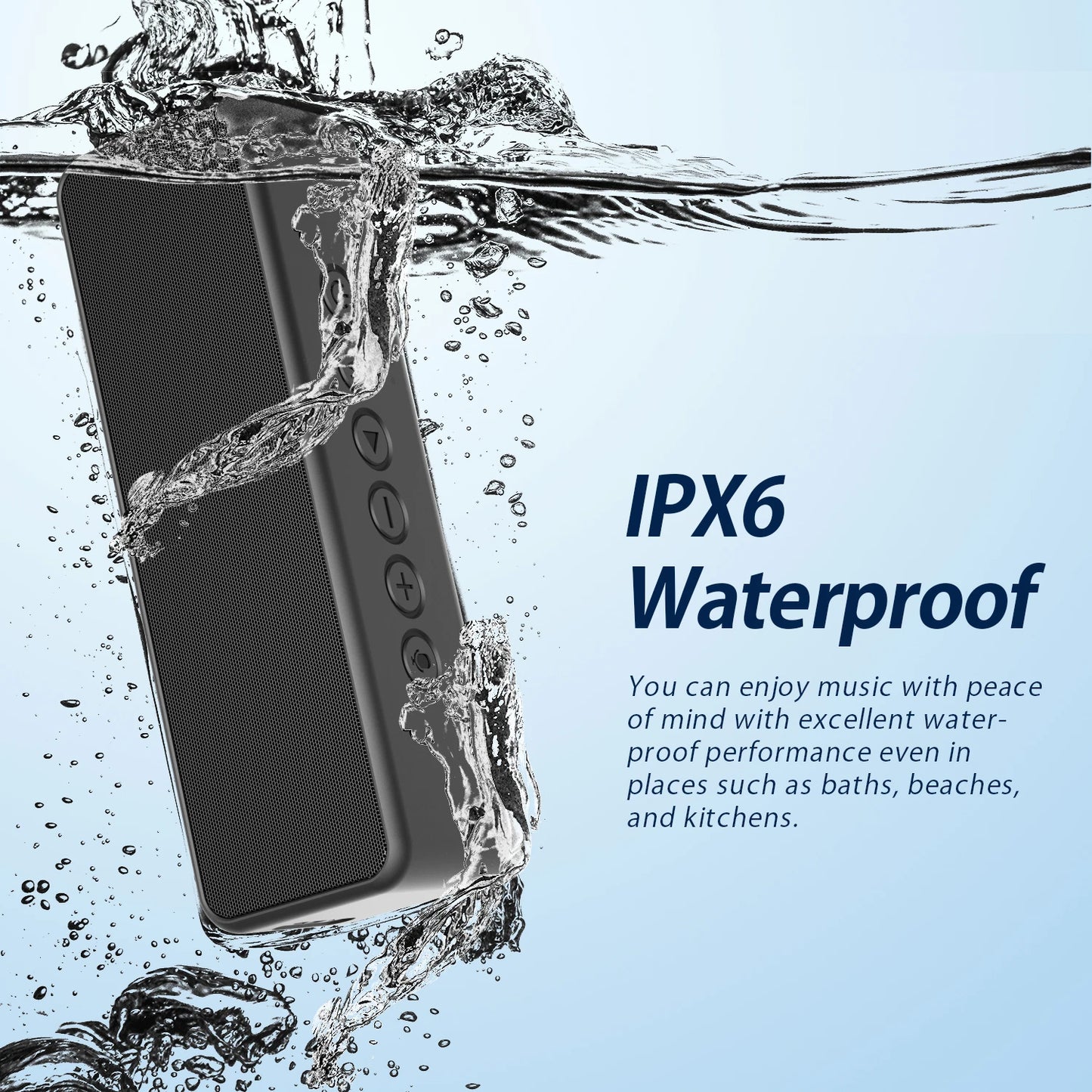 BS Melody Bluetooth speaker with IPX6 waterproof rating, resistant to water splashes and perfect for outdoor, beach, or shower use
